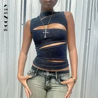 BoozRey Imitation Denim Vintage Tank Tops For Women 2024 Hollow Out Sleeveless Sexy Crop Tops Streetwear Y2K Hipsters Vest