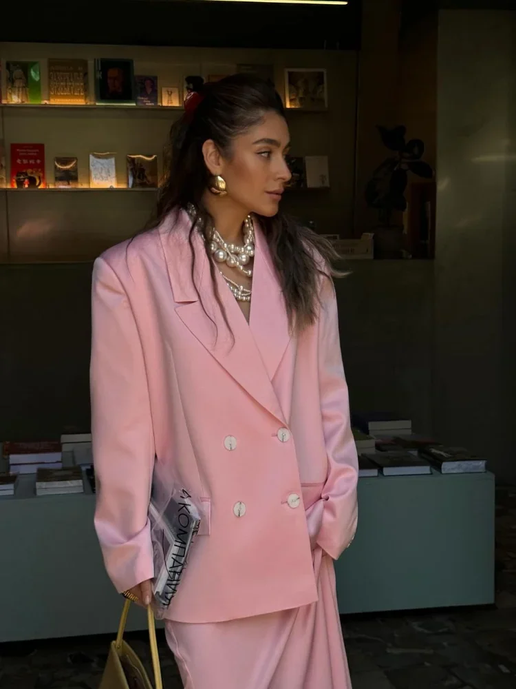 

Elegant Light Pink Loose Skirt Suit Chic Women Lapel Collar Double Breasted Long Sleeve Blazer Suit 2025 Autumn Office Outfits