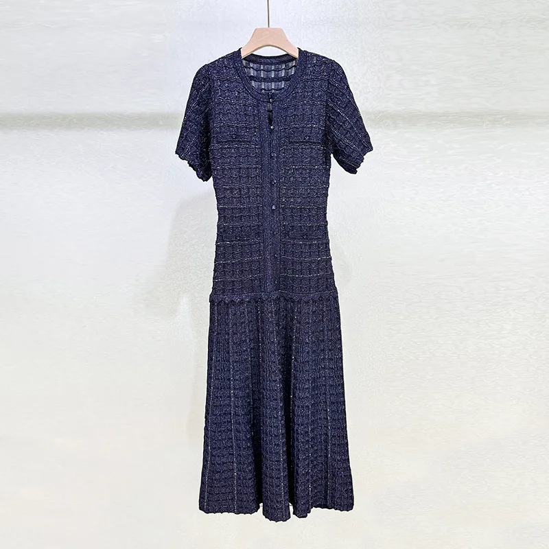 

Drill-embellished Openwork Lace-Trim Dress for Women Elegant Workwear: Fitted Round-Neck Short-Sleeve Dress 2026 Spring New Y2k
