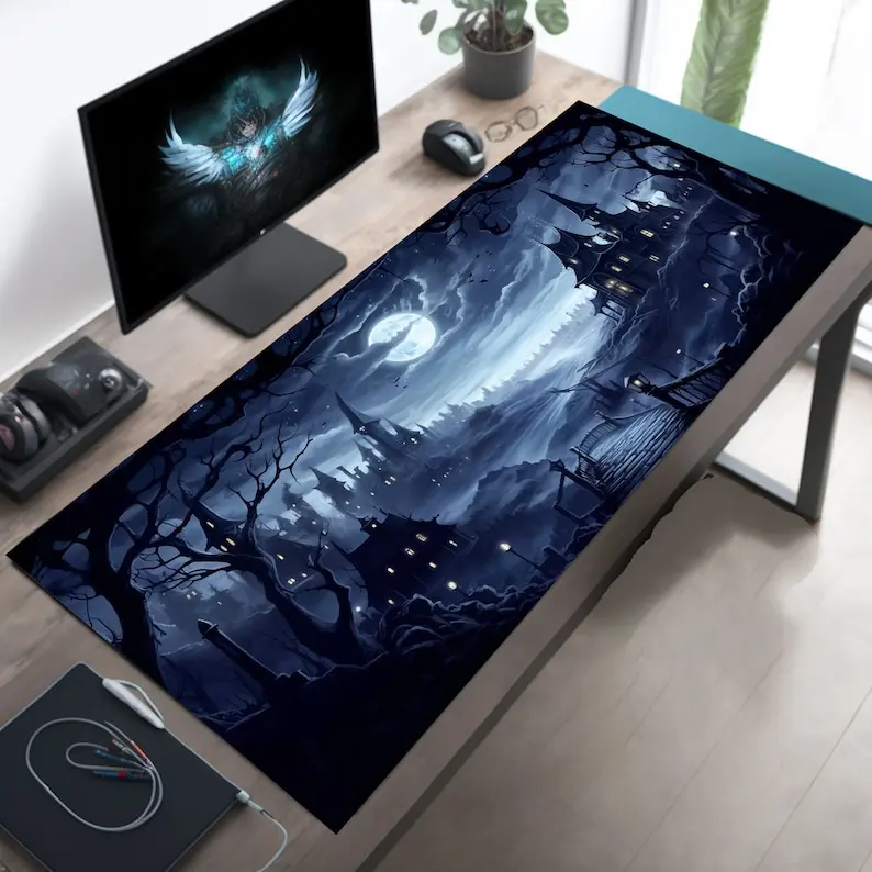 

WhimsiGoth Midnight Village Mouasepad - Aesthetic Anime-Style Gothic Desk Mat Accessory, XL Cute Moonlit Scene Mouse Pad