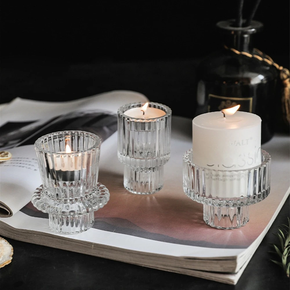 Creative Glass Candle Holder Simple Vertical Strip Glass Double-head Candle Holder Transparent Glass European-style Double Head