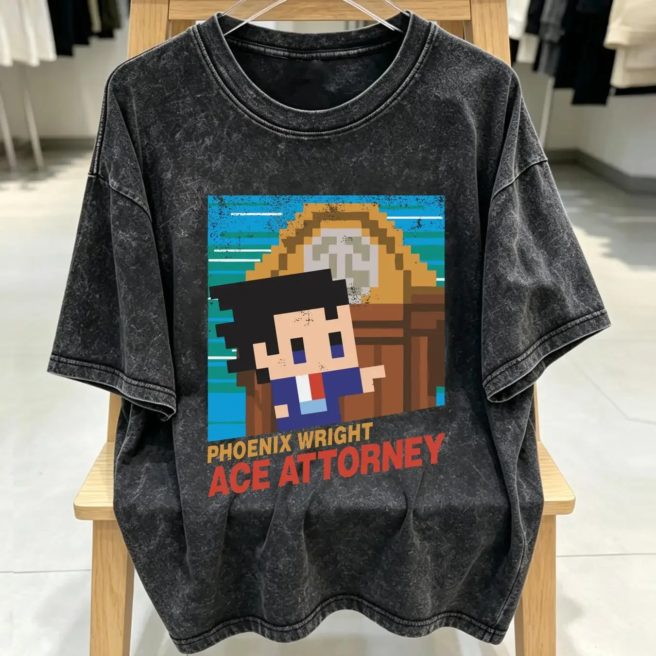 washed T Shirt ace attorney 8bit cover vintage Washed streetwear graphic Breathable Unisex Stretched Slightly Comfortable
