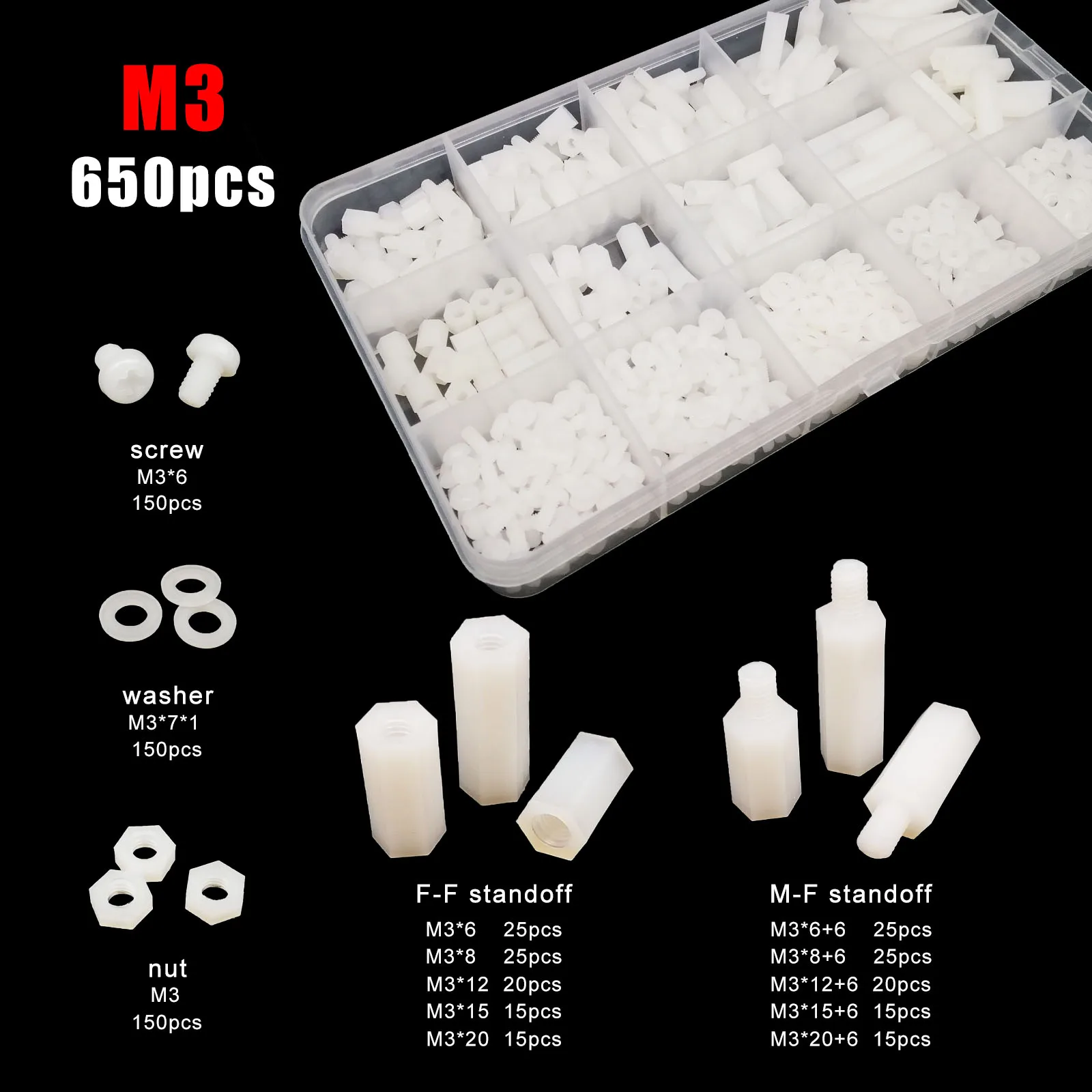 445/650/850/1300pc M2 M2.5 M3 M4 PCB Motherboard White Plastic Nylon Hex Hexagon Spacer Column Standoff Screw Nut Washer Kit Set