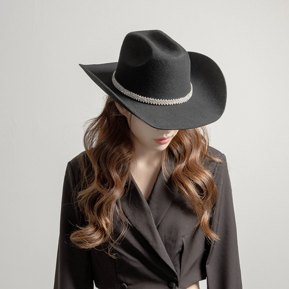 100% Australia Wool Felt Cowboy Hat Unisex Wide Brim Cowboy hat with rhinestone chain