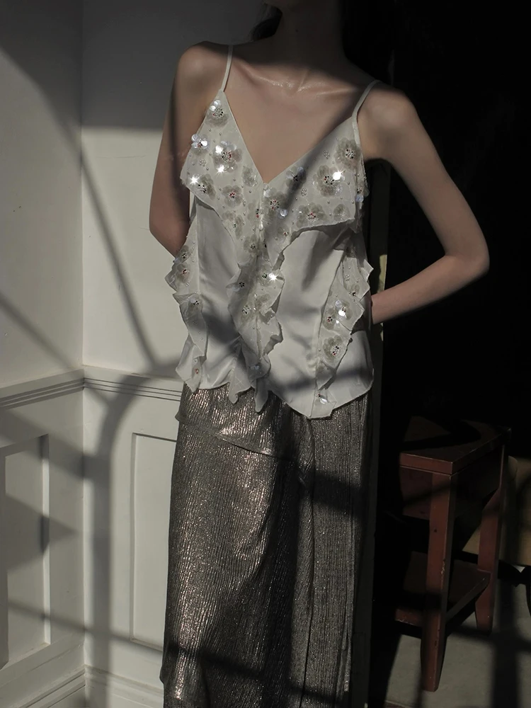 

CARIEDO Vintage Embroidered Flower Series Crop Top And Vest Spring Summer New Arrival Women's Polyester U-Neline Inner Wear