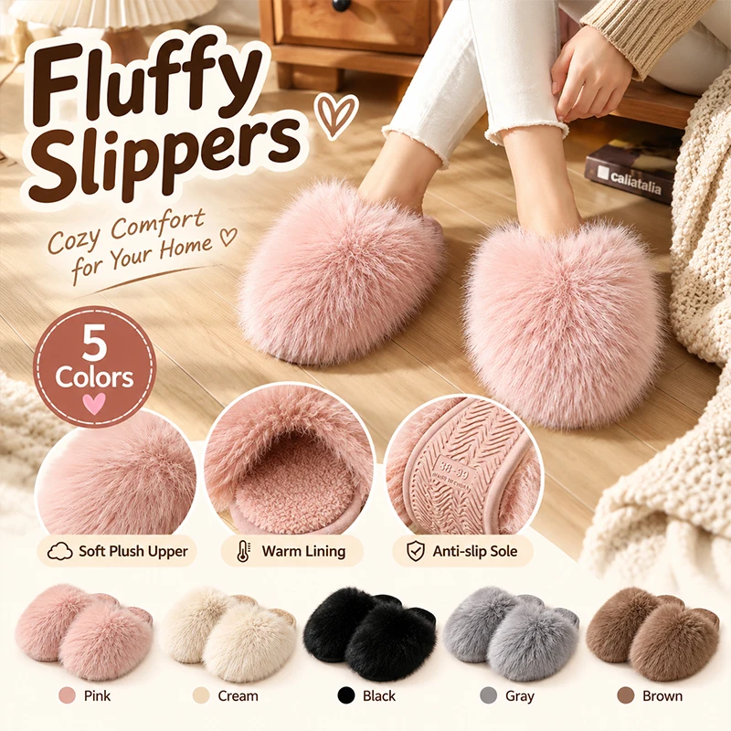 Women Winter Faux Fur Slippers Indoor Home Shoes Fashion Warm Soft Sole Slippers Solid Color Fluffy Shoes