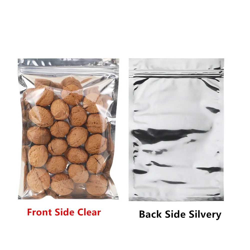 100pcs One Side Transparent Aluminum Foil Zip Lock Bags - Food Grade Zipper Reseal Silvery Mylar-foil Pouch Snacks Gift Package