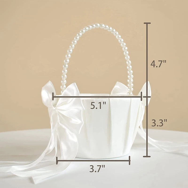 New Wedding Flower Girl Basket With Cute Pearl Handle Bowknot Satin Flower Baskets For Wedding Ceremony Etc