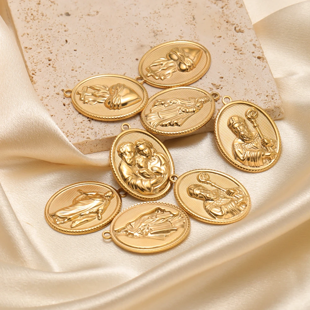 5 Stück Edelstahl Religiöse Anhänger PVD Gold Ovale Charms für DIY Modeschmuck Halskettenherstellung Ohrringe Armband Zubehör – Detail 4