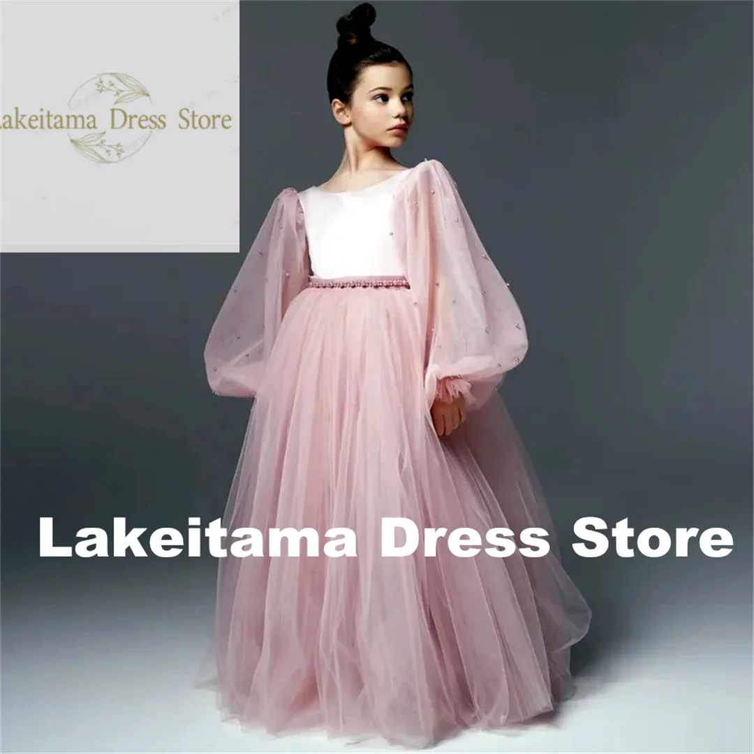 

Customization Wedding Birthday Tulle Pearls Bow Flower Girl Dresses Long Sleeve For Gift Party Banquet Princess First Communion
