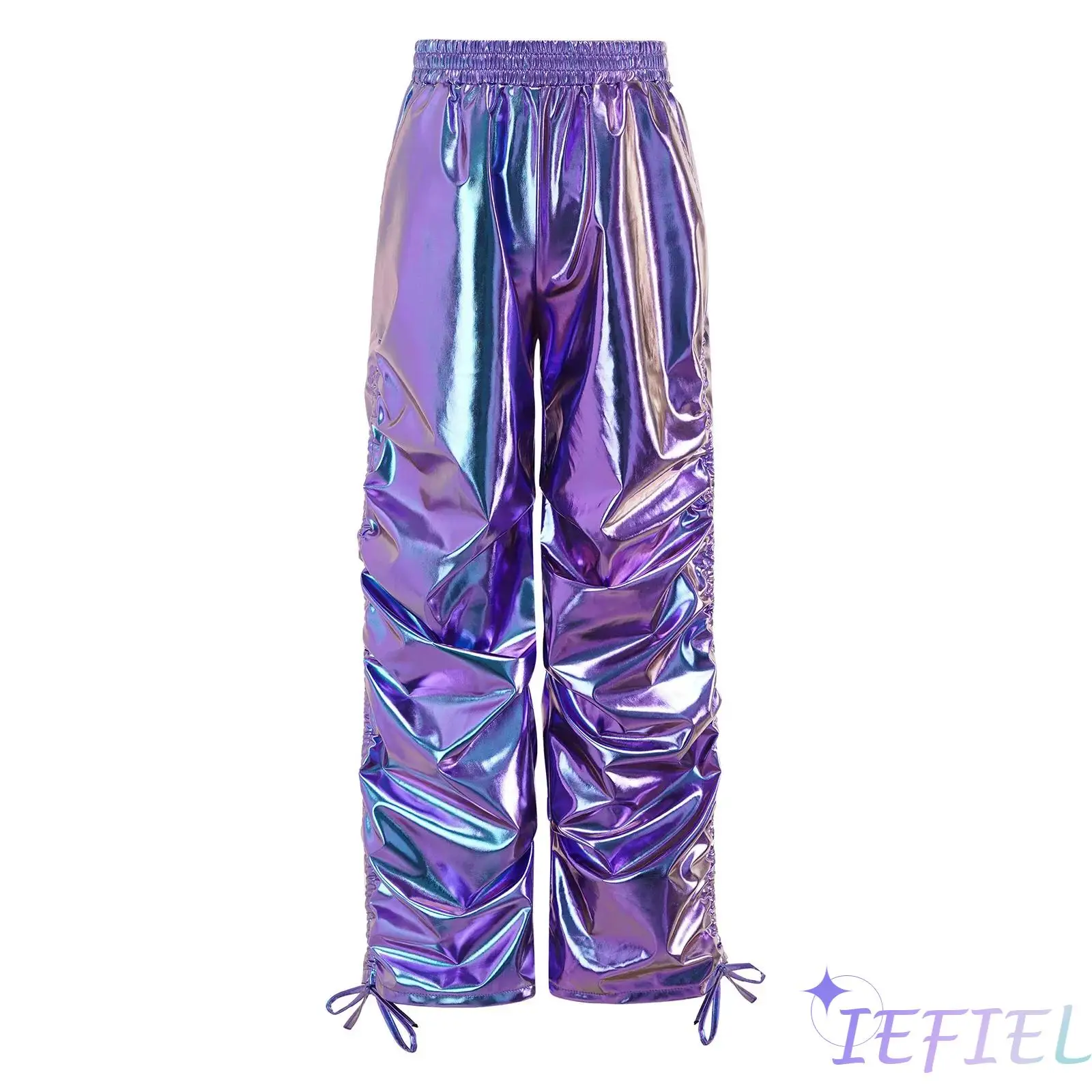 

Kids Metallic Jazz Dance Pants Unisex Drawstring Elastic Waist Ruched Straight Leg with Pockets for Hip Hop Street Dance Outfit