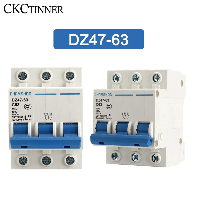 

DZ47-63 3 Pole 6A/10A/16A/20A/25A/32A/40A/50A/63A 400V C Type Circuit Breaker MCB 35mm Din Rail Mount Breaking Capacity 4500A