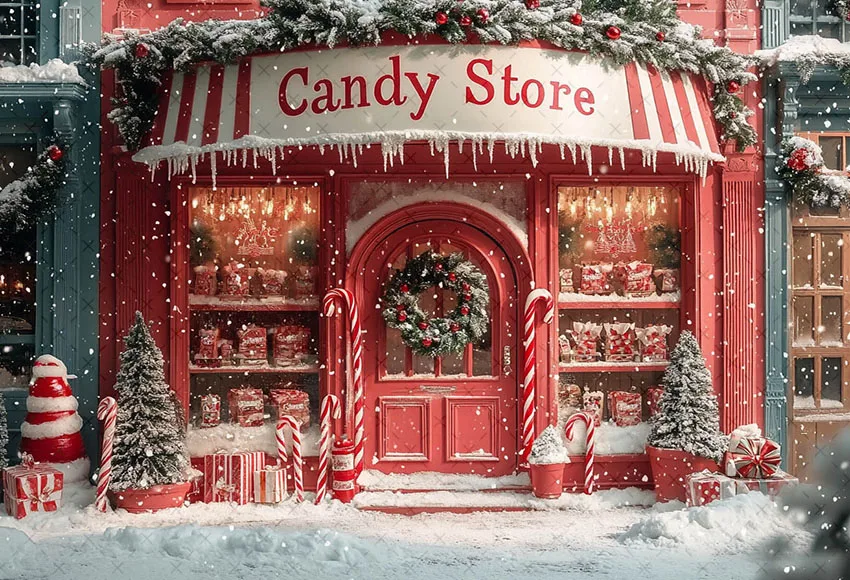 Mehofond Photography Background Christmas Candy Store Snowy Xmas Tree Kids Family Holiday Portrait Decor Backdrop Photo Studio