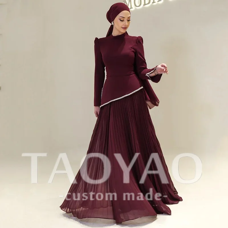

Modest A-line Long Sleeves High Neck Beading Applique Pleated Prom Dresses Arabia Luxury Party Evening Dress Gift Customized
