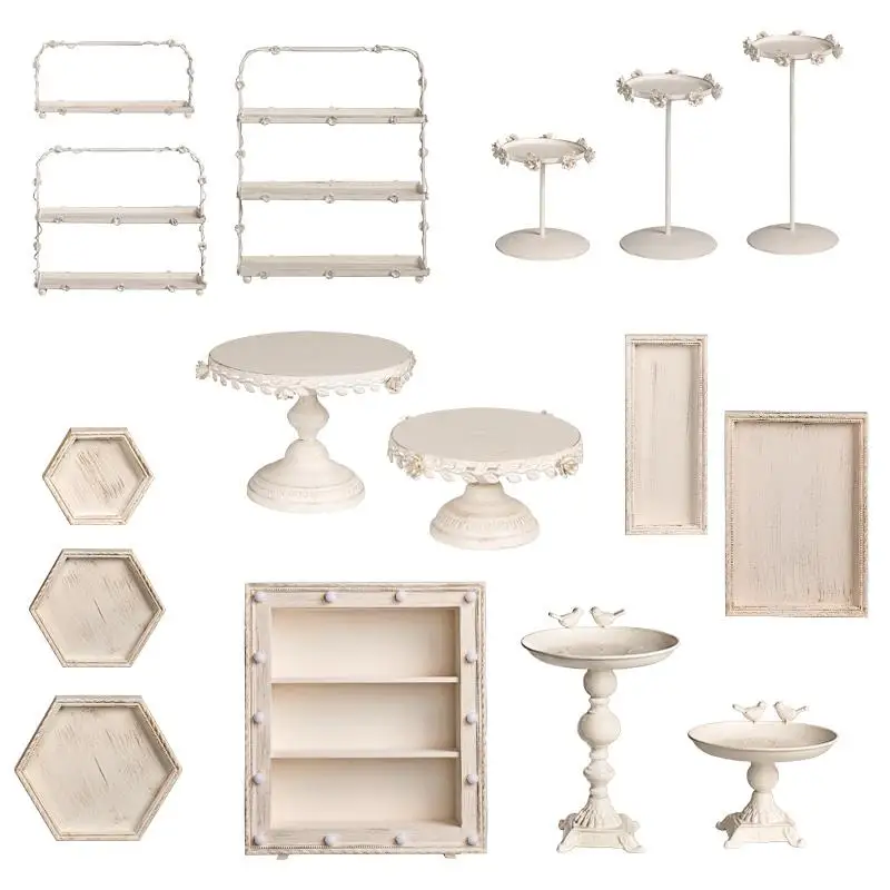 European Retro White Wooden Dessert Rack Wedding Decoration Props Tea Break Tray Cake Stand