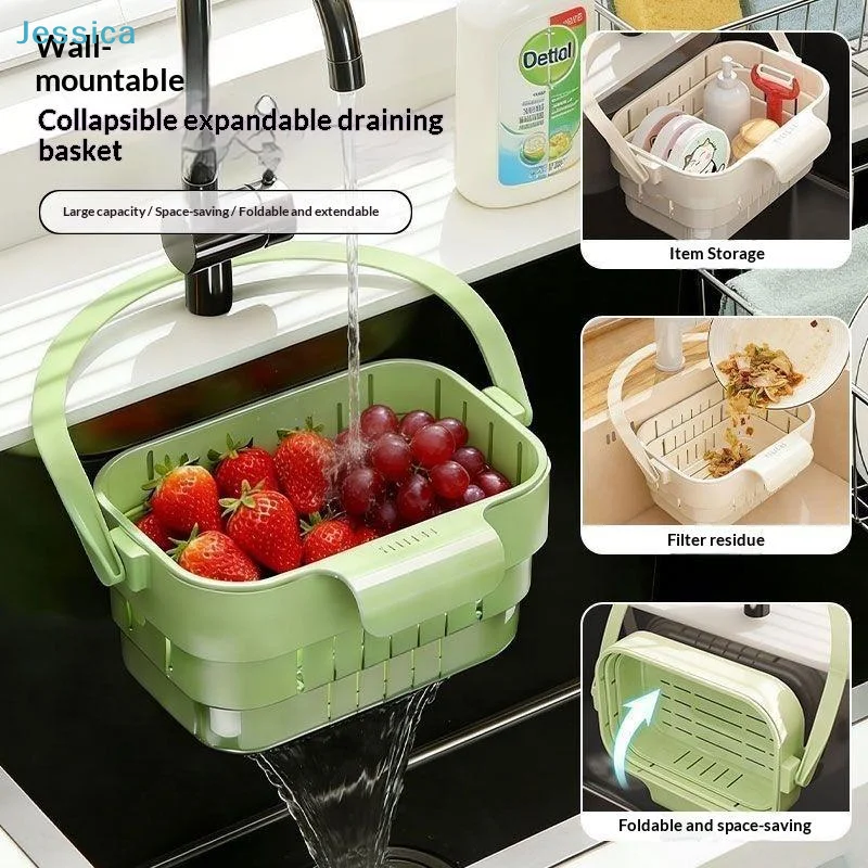 〔S〕Kitchen Sink Drain Basket Hanging Foldable Expandable Sink Colander Residue Filter Basket Space-Saving Sink Strainer For Home