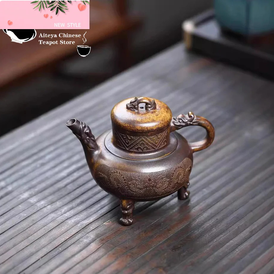 

Yixing purple clay teapot, original ore, dragon kiln, wood burning, dragon bone, golden sand, three legged stove, tripod, teapot