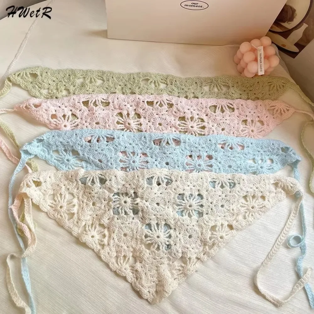 

Pastoral Style Handmade Knitted Headscarf Hat Hollowed Triangle Crochet Headband Sunshade Flower Headscarf Beach Photography