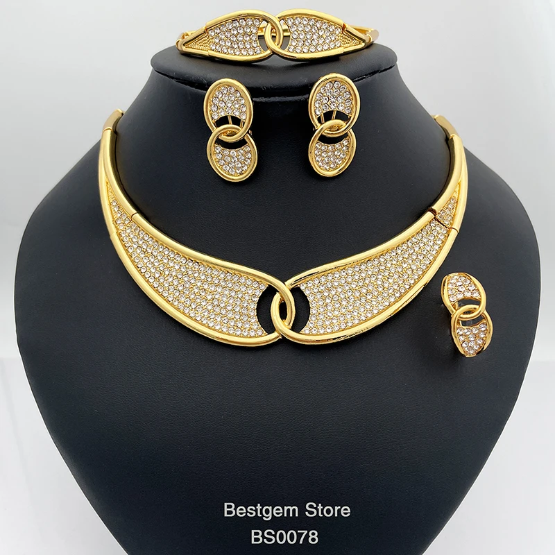 Vintage Dubai 18K Gold Plated Jewelry Sets Crescent Shape Necklace Earrings Ring Bracelet Women Set Jewelry For Wedding Party