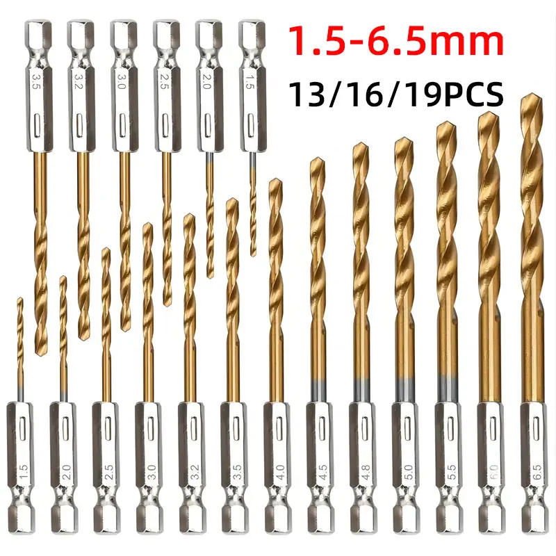 

13/16/19PCS Lot HSS High Speed Steel Titanium Coated Drill Bit Set Electric Drill Drilling Tools 1/4 Hex Shank 1.5-6.5mm