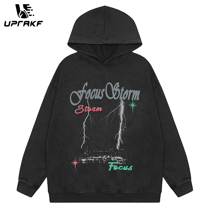 

UPRAKF Y2K Hoodie Lightning Graphic Letter Print Streetwear Loose Fashion Punk Hooded Pullover Sweatshirt Autumn High Street