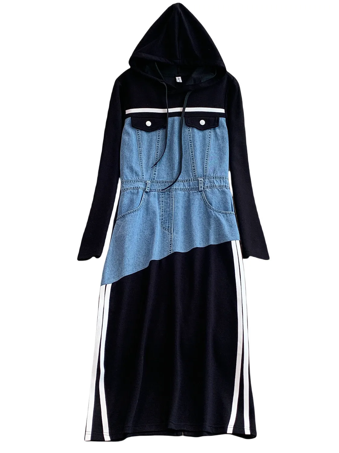 Elegancka koreańska spódnica damska z kapturem, wyszczuplająca, patchworkowa, jesienno-zimowa, z wysokim stanem, w paski, długa, modna, do pracy.