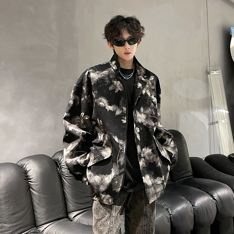 

New Chinese Sle Water-Mark Floral Men's Jaet Casual Top Ultra-Faionable Spring Autumn Polyester Fabric Loose Fit