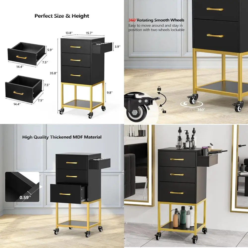 عربة صالونات التجميل باللون الأسود والذهبي مع عجلات وحامل مجفف الشعر وأدراج ورف تخزين مفتوح