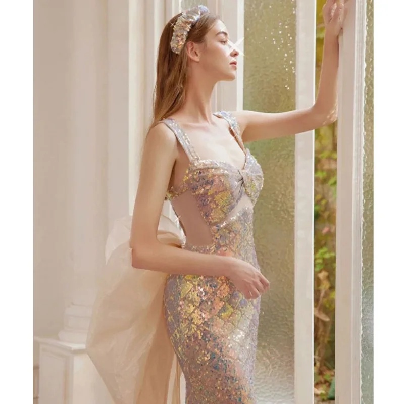 Women Shiny Evening Party Prom Gowns Detachable Bow Back Mermaid Prom Dress Glitter Sequin Sparkle Sweetheart Wedding Dresses