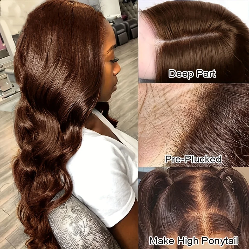 Body Wave Lace Front Perucas para Mulheres, Castanho Chocolate, Cabelo Humano, Peruca Frontal, 200 Densidade, 30 in, 13x4, 13x6