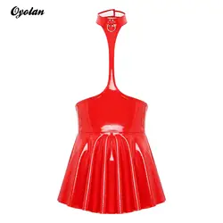 Womens Wet Look Patent Leather Halter Dress with 2 Press Buttons Wet Look Patent Leather Open Chest Halter Ruffled Latex Dress