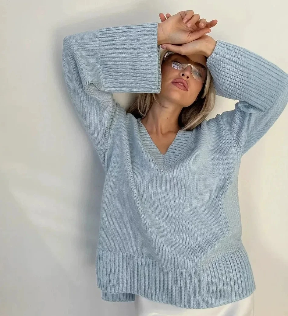 

Осенне-зимний пуловер с V-образным вырезом на спине, повседневный лоскутный вязаный свитер с длинными рукавами для женской одежды