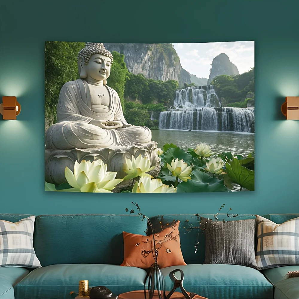 Serene Buddha with Waterfall and Lotus Tapestry - Perfect for Adding Peaceful and Spiritual Style to Any Room Decor,for Home Use