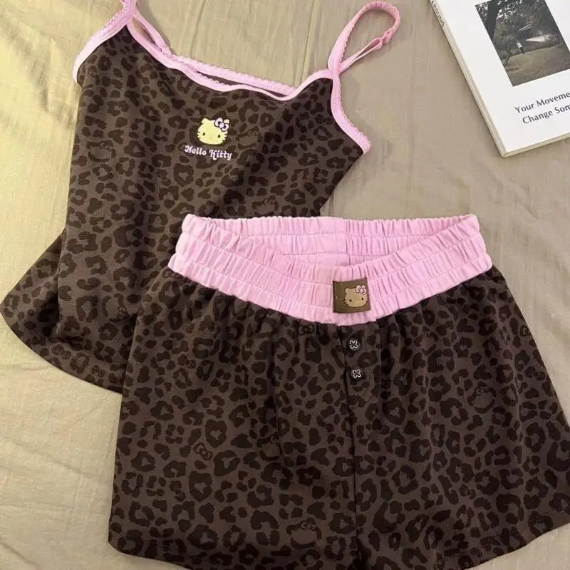 Women's Korean Style Cute Leopard Print Cartoon Women's Suspender Shorts Pajama Set Summer New Vest Pajama Pants Two-Piece Set