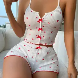 Women's Pajamas Set Bowknot Decor Sleepwear 2 PCS Short Tank Tops And Shorts Ventilate Loungewear Two-piece Female Nightwear