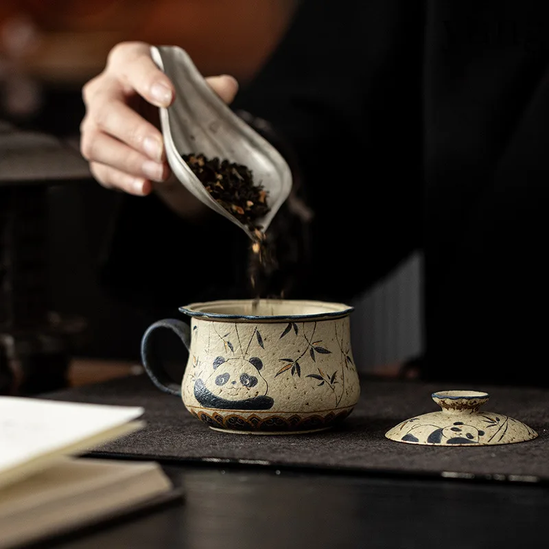 Yjq blue and white flint red panda play bamboo Fulu tea coffee cup ceramic tea separation filter cup