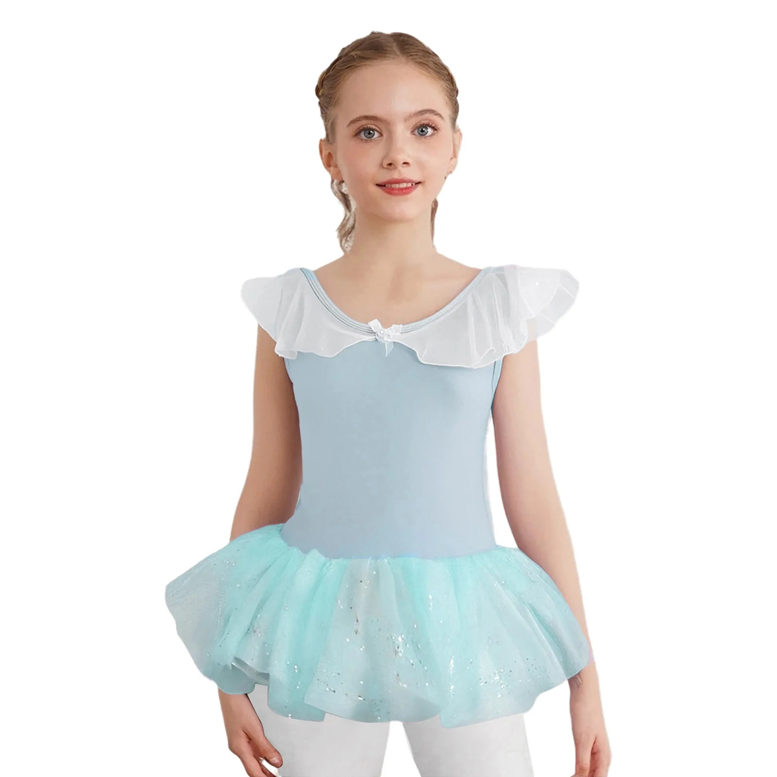 

Kids Girls Ballet Gymnastics Dance Costumes 2Pcs Comfortable Ruffled Collar Sleeveless Leotard+Shiny Sequins Tulle Tutu Skirt