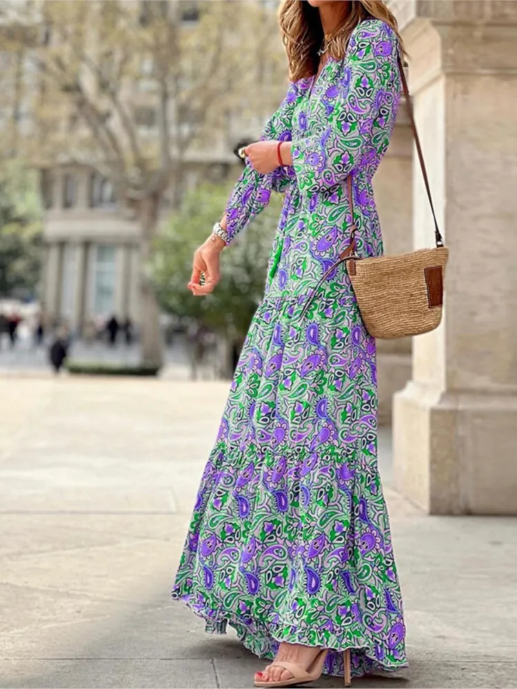 Women's New Autumn Fashion Printed Long Dress Sexy V-neck Long-sleeved Tie Waist Bohemian Style Casual And Comfortable Dress