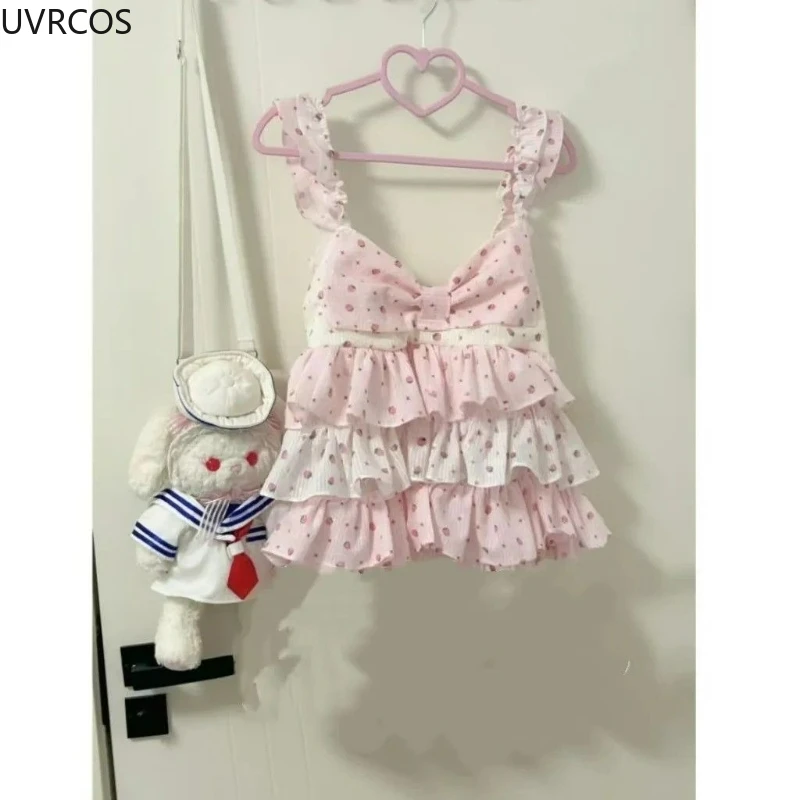 Abito stile dolce Lolita giapponese da donna con fiocco carino rosa stampa fragola senza maniche abiti da torta ragazze Kawaii Y2k mini abito da festa