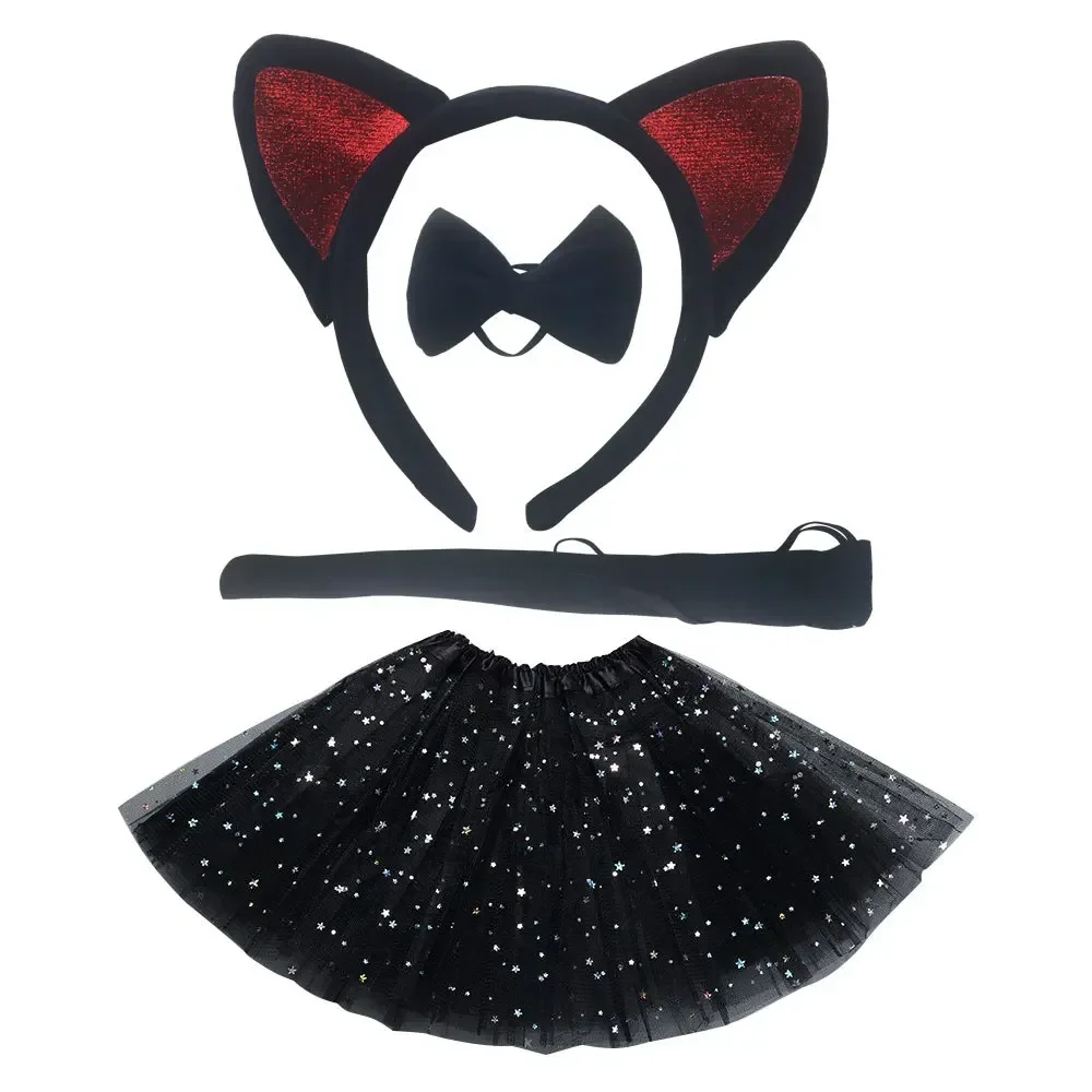 Ensemble de olympiques de chat noir pour enfants, oreilles d'animaux, sauna, bande, queue, nœud papillon, tutu, habillage d'Halloween, accessoire de cosplay, Noël