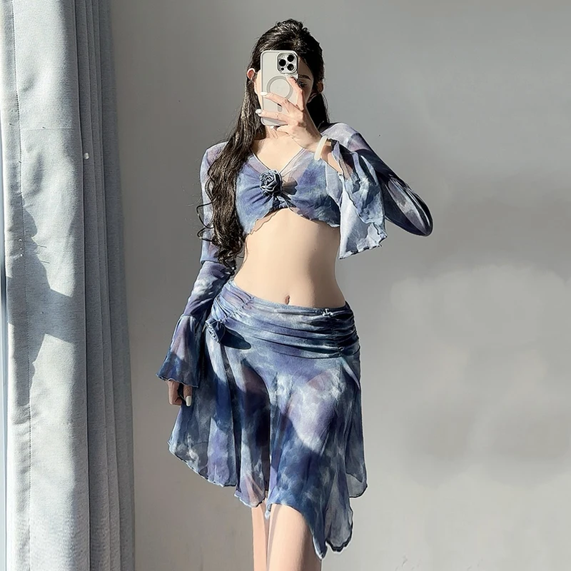 

Бирюзовый купальник с эффектом омбре для отпуска, комплект из 4 предметов, 2025 г., с длинной струящейся юбкой, сексуальное бикини и пляжное платье, купальник, наряд