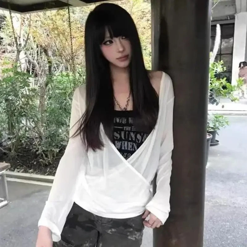 

2000s Sexy Lace Patchwork Long Sleeve T-Shirt Women Office Lady Slim Fit Y2k Tees Female Harajuku E-girl 90s Gothic Aesthetic