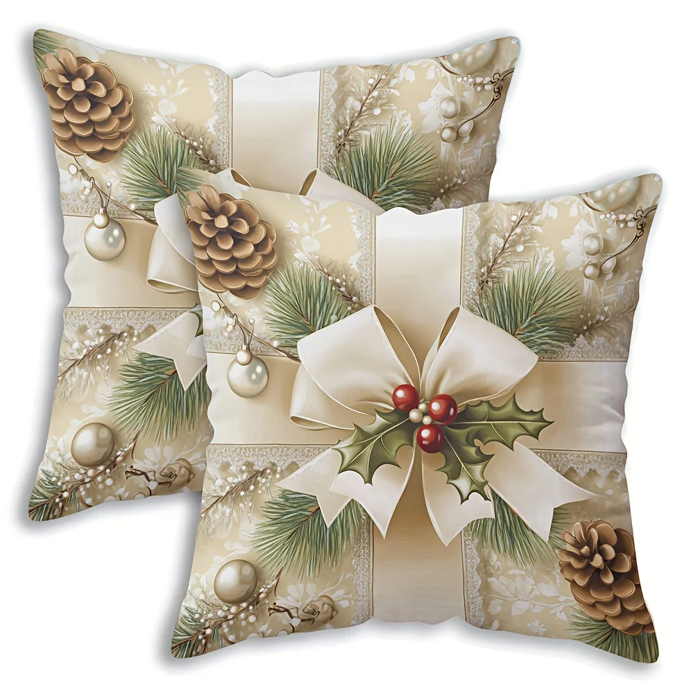 Christmas Gift Box Style Pillow Covers, 2pcs Set with Pinecone and Bow Design, Festive Home Sofa Decor 18x18 Inch