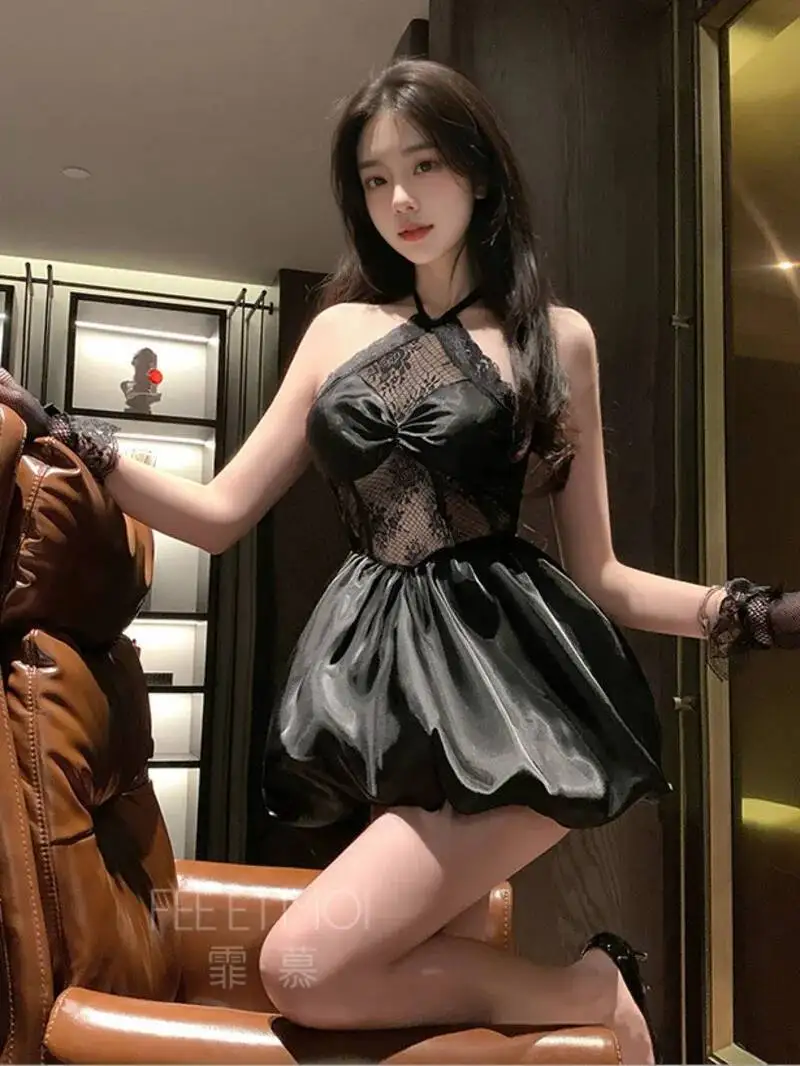 블랙 스윗 탱크 미니 드레스 걸 플러피 허리 묶음 드레스 섹시 레이스 메쉬 시스루 드레스 우아한 2025 패션 섹시 여성 탑 EXL8