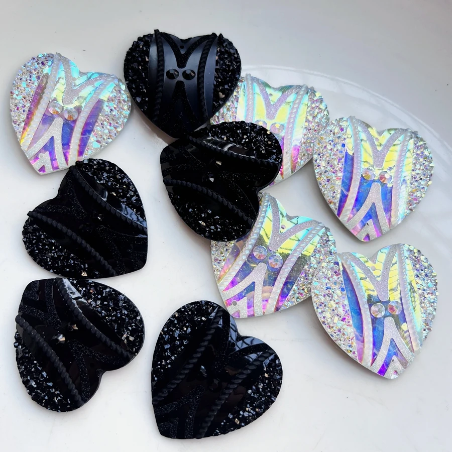 35mm Heart & Round Shape Resin Cabochon Sew On Rhinestone white AB Color solid black  Native Beadwork Jewellery 10pcs/lot