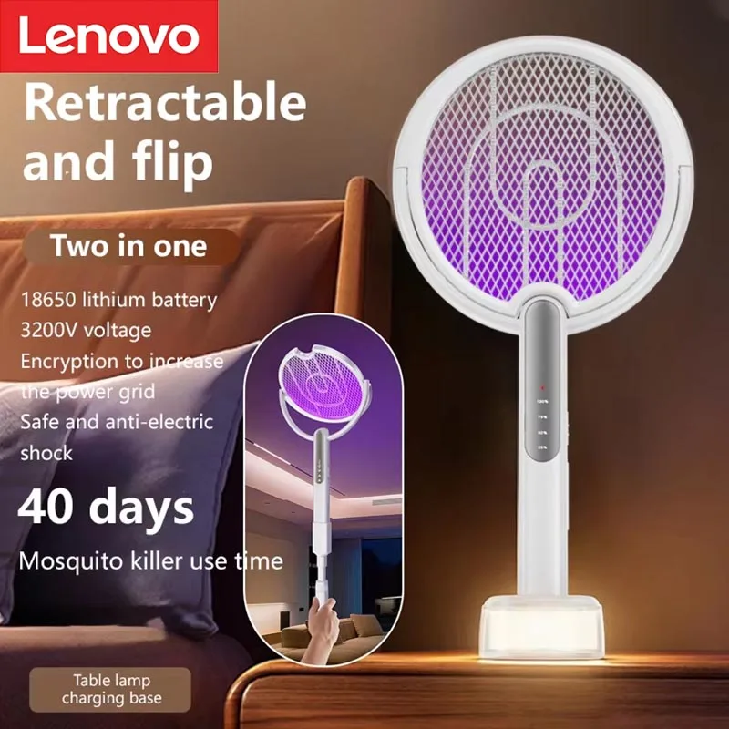 Lenovo Retractable Electric Mosquito Swatter With Adjustable Angle Rechargeable Indoor & Outdoor Powerful 2-in-1 Mosquito Killer