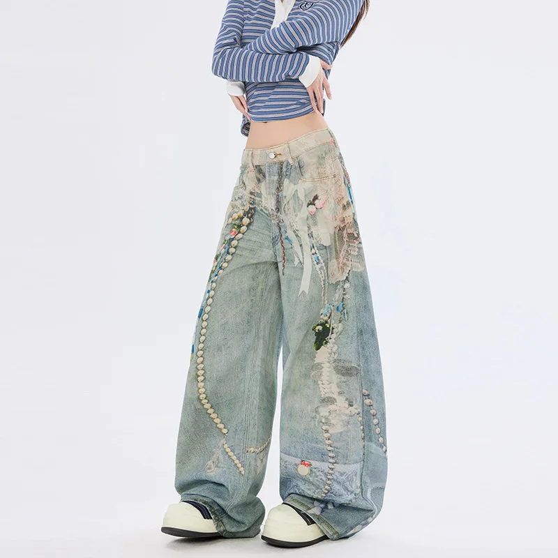 

Unique Design Printed Chain Vintage Jeans For Men And Women Autumn Street Style Cool Grunge Ink Splash Wide Leg Pants