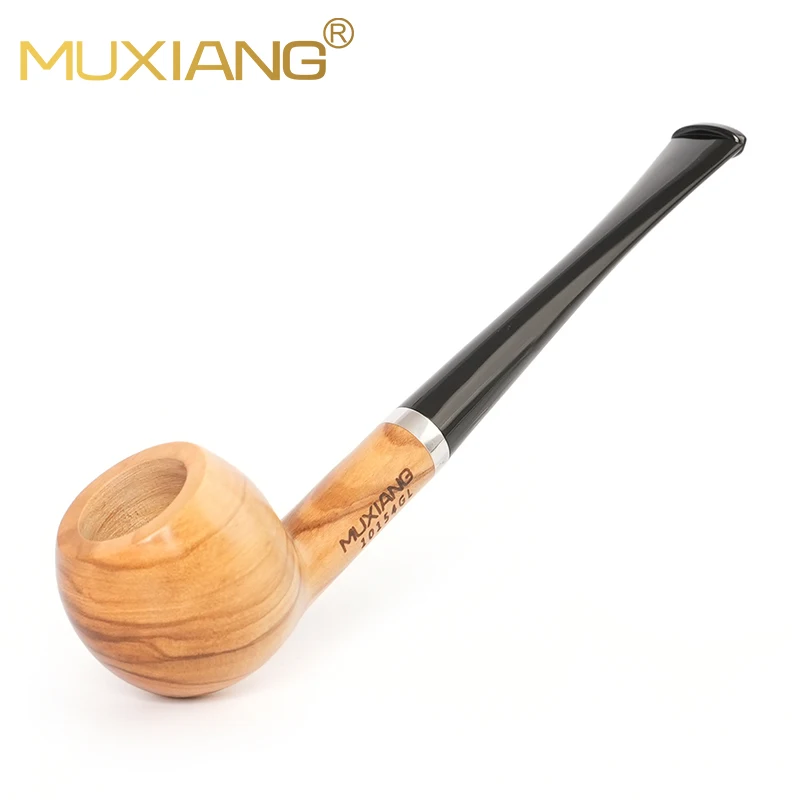 MUXIANG Long Straight Handle Billiard Tobacco Pipe Olive Wood Pipe Length 150mm Pipe Channel 3mm Acrylic Pipe Mouth With Ring