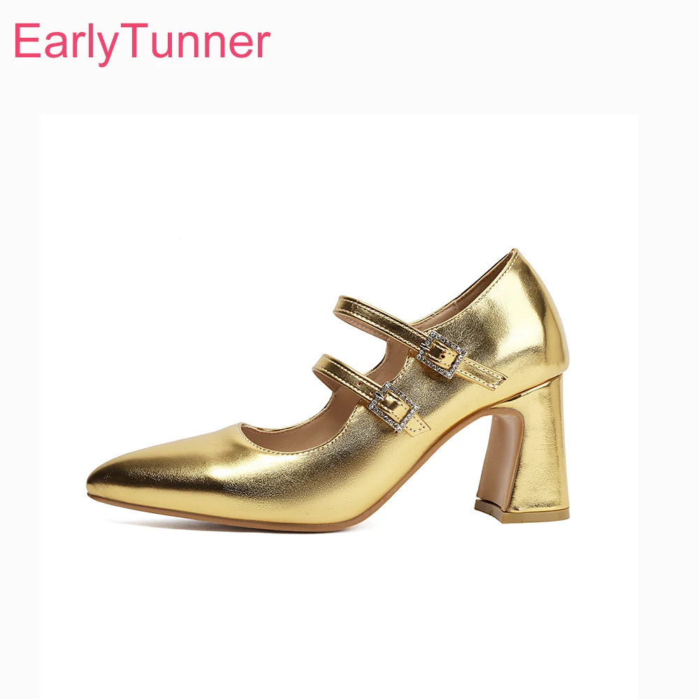 

Женские туфли-лодочки 2026 года с золотистым ремешком, заостренным носком, на высоком устойчивом каблуке, для невесты, большие размеры 12, 46, 48