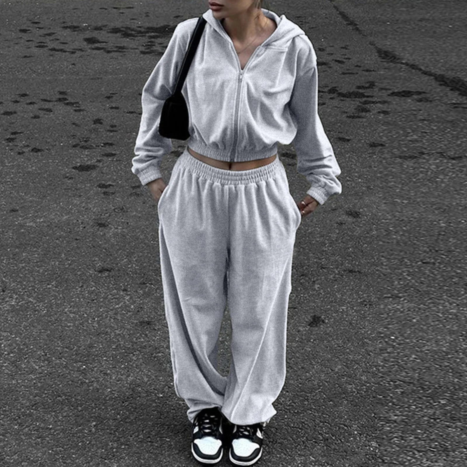 Terno feminino casual de duas peças, manga comprida, cardigã com capuz, calças elásticas, roupa estilo rua